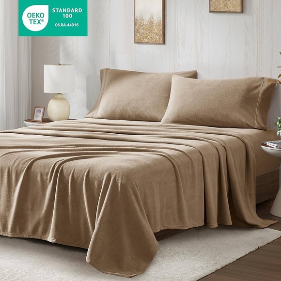 True North by Sleep Philosophy Micro Fleece Sheet Set, 16” Deep King, Brown,4 pc